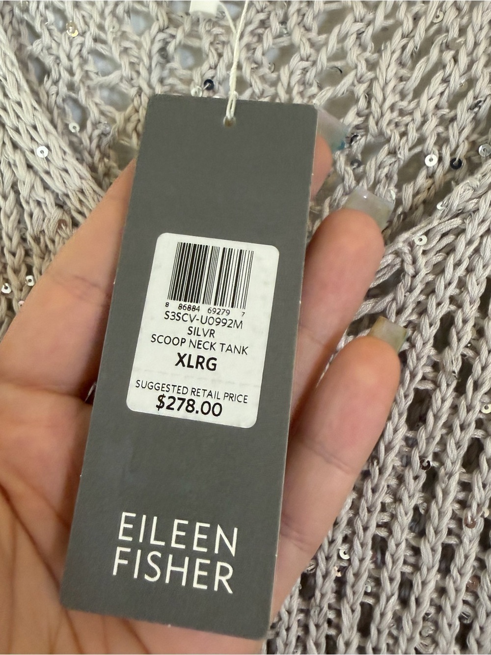 Eileen Fisher Sequin Chainmail Mesh Scoop Neck Tank Top Silver XL NWT Open Knit - Picture 5 of 8